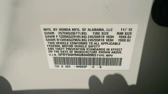 5FRYD4H94GB040965 - 2016 ACURA MDX ADVANC WHITE photo 10