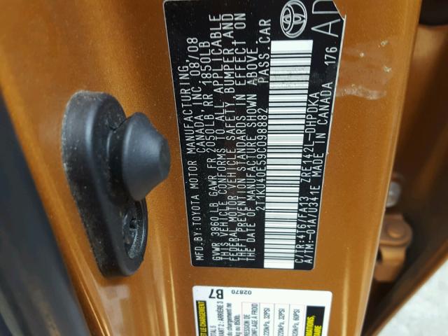 2T1KU40E59C098882 - 2009 TOYOTA COROLLA MA GOLD photo 10