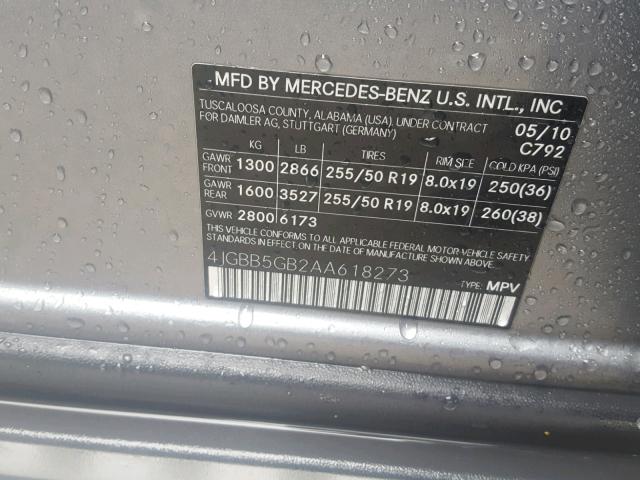 4JGBB5GB2AA618273 - 2010 MERCEDES-BENZ ML 350 GRAY photo 10