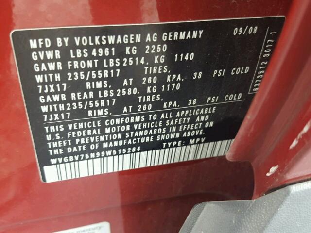 WVGBV75N99W515284 - 2009 VOLKSWAGEN TIGUAN SE RED photo 10