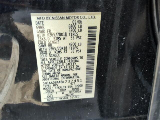 5N1AA08A46N737451 - 2006 NISSAN ARMADA SE BLACK photo 10