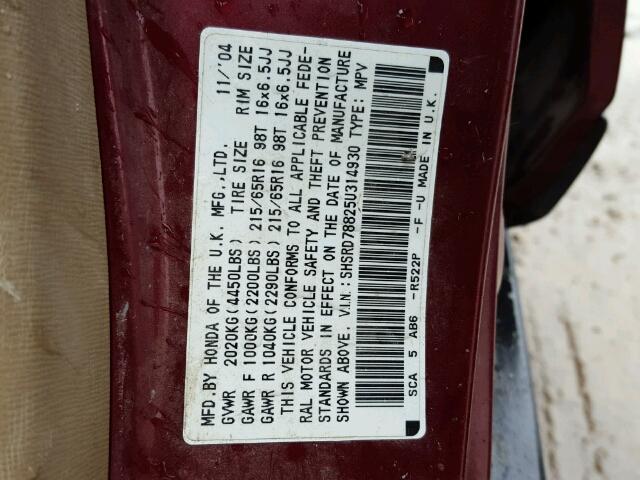 SHSRD78825U314930 - 2005 HONDA CR-V EX MAROON photo 10