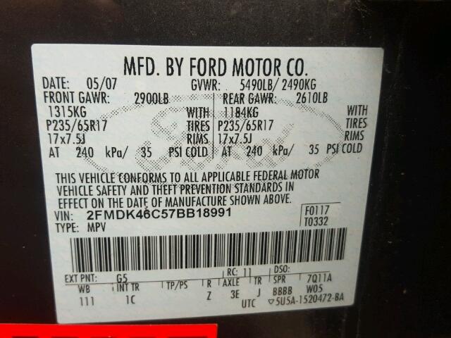 2FMDK46C57BB18991 - 2007 FORD EDGE Чорний фото 10