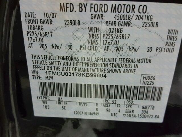 1FMCU03178KB99694 - 2008 FORD ESCAPE XLT BLACK photo 10