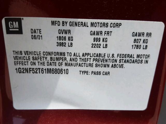 1G2NF52T61M680610 - 2001 PONTIAC GRAND AM S Tünd qırmızı foto 10