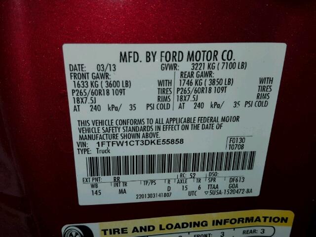 1FTFW1CT3DKE55858 - 2013 FORD F150 RED photo 10