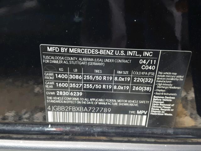 4JGBB2FBXBA727789 - 2011 MERCEDES-BENZ ML 350 BLU BLACK photo 10