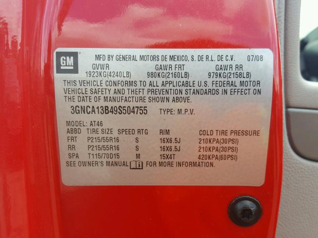 3GNCA13B49S504755 - 2009 CHEVROLET HHR LS Rojo foto 10