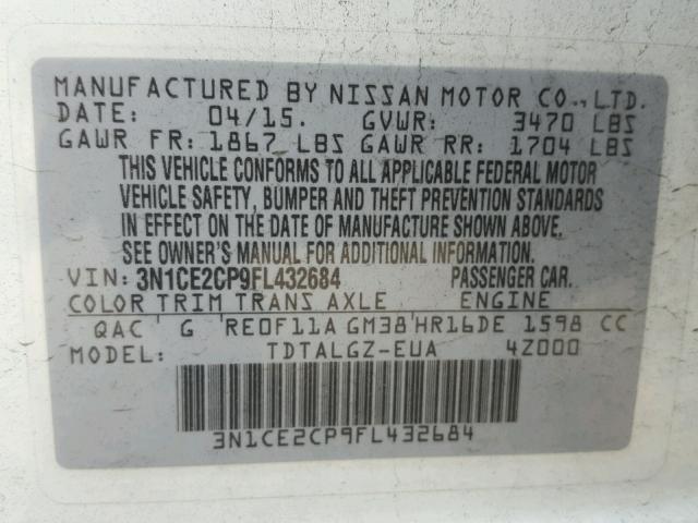 3N1CE2CP9FL432684 - 2015 NISSAN VERSA NOTE WHITE photo 10