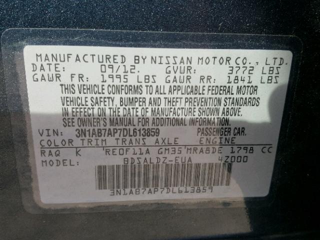 3N1AB7AP7DL613859 - 2013 NISSAN SENTRA S BLUE photo 10