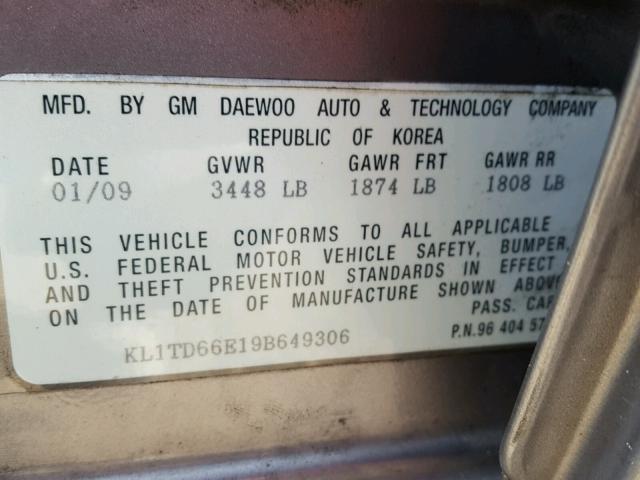 KL1TD66E19B649306 - 2009 CHEVROLET AVEO LS GRAY photo 10