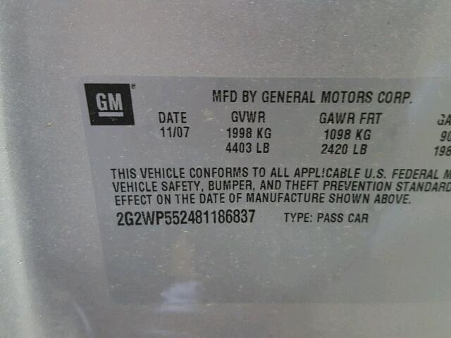 2G2WP552481186837 - 2008 PONTIAC GRAND PRIX ვერცხლისფერი ფოტო 10