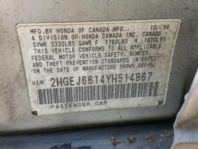 2HGEJ6614YH514867 - 2000 HONDA CIVIC BASE SILVER photo 10