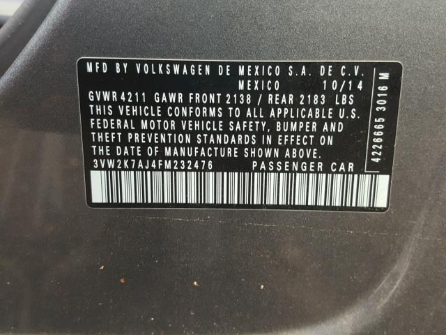 3VW2K7AJ4FM232476 - 2015 VOLKSWAGEN JETTA BASE Մոխրագույն լուսանկար 10