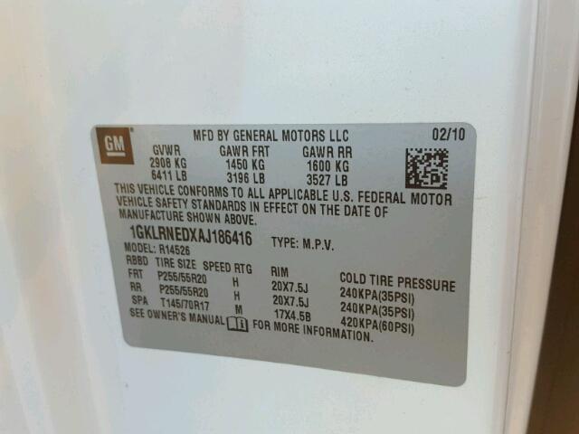 1GKLRNEDXAJ186416 - 2010 GMC ACADIA SLT 白色 照片 10
