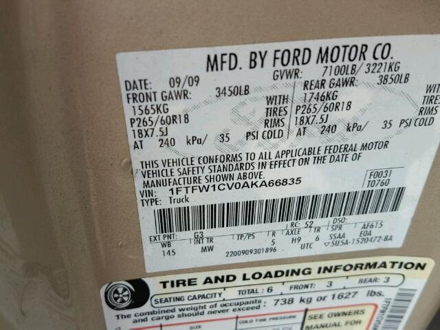 1FTFW1CV0AKA66835 - 2010 FORD F150 SUPER BROWN photo 10