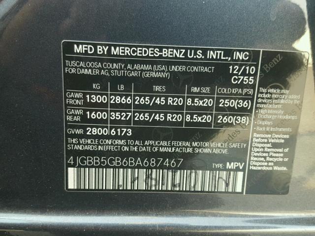 4JGBB5GB6BA687467 - 2011 MERCEDES-BENZ ML 350 BLACK photo 10