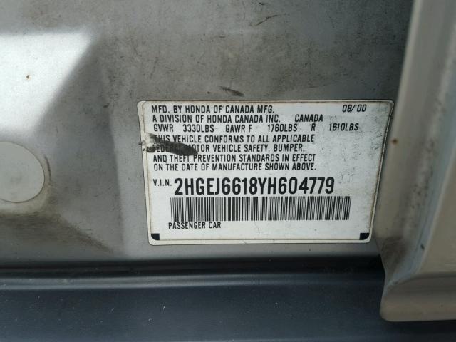 2HGEJ6618YH604779 - 2000 HONDA CIVIC BASE Boz foto 10