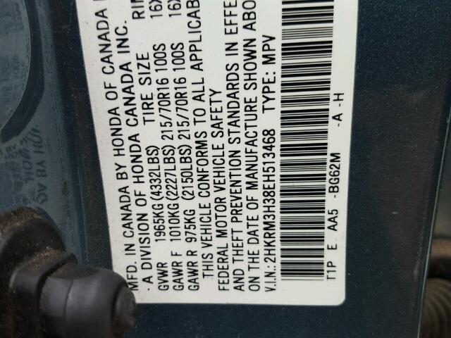 2HKRM3H38EH513468 - 2014 HONDA CR-V LX BLUE photo 10