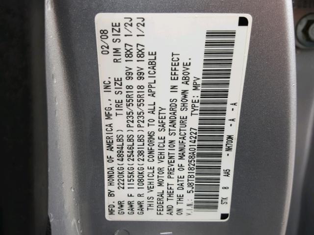 5J8TB18258A014227 - 2008 ACURA RDX SILVER photo 10