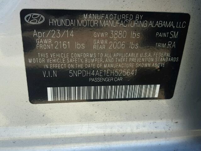 5NPDH4AE1EH525641 - 2014 HYUNDAI ELANTRA SE SILVER photo 10