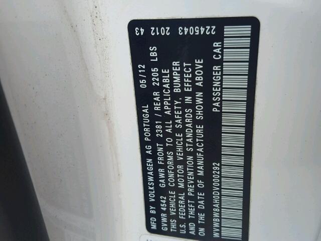 WVWBW8AH0DV000292 - 2013 VOLKSWAGEN EOS KOMFOR 白色 照片 10