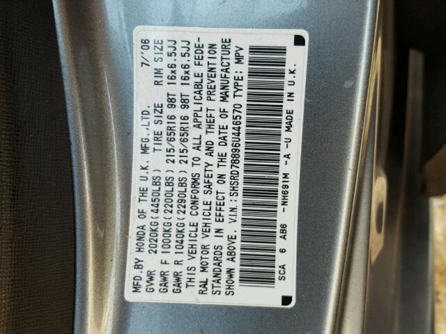 SHSRD78896U446570 - 2006 HONDA CR-V GRAY photo 10