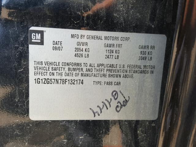 1G1ZG57N78F132174 - 2008 CHEVROLET MALIBU LS BLACK photo 10