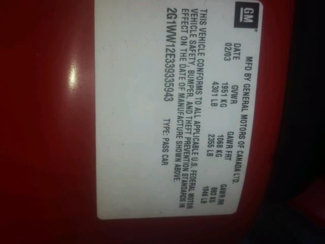 2G1WW12E339335943 - 2003 CHEVROLET MONTE CARL 红色 照片 10