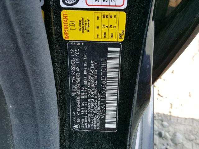 WBAHL83566DT01113 - 2006 BMW 750 I BLACK photo 10