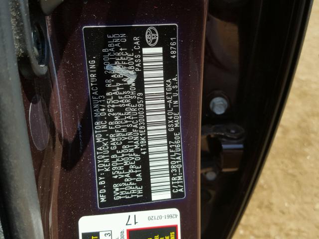 4T1BK1EB3DU039579 - 2013 TOYOTA AVALON BAS 紫色 照片 10