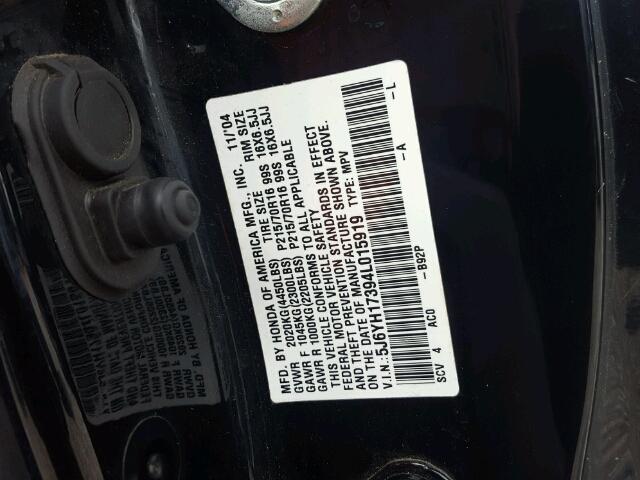 5J6YH17394L015919 - 2004 HONDA ELEMENT LX BLACK photo 10