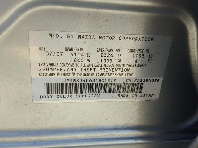 JM1BK34L681801272 - 2008 MAZDA SPEED 3 SILVER photo 10