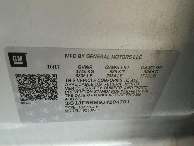 1G1JF5SB9J4104701 - 2018 CHEVROLET SONIC PREM SILVER photo 10