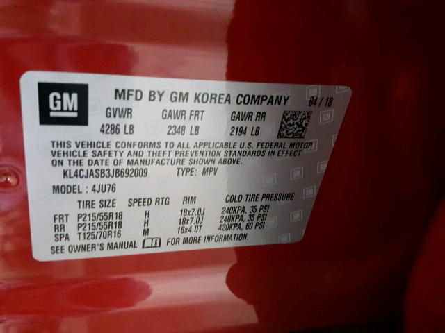 KL4CJASB3JB692009 - 2018 BUICK ENCORE PRE RED photo 10