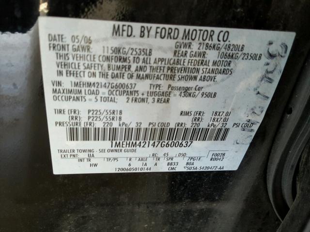 1MEHM42147G600637 - 2007 MERCURY MONTEGO PR 黑色 照片 10