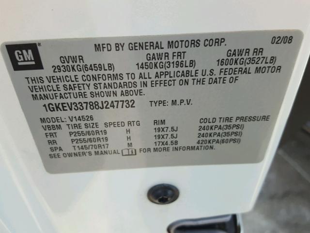 1GKEV33788J247732 - 2008 GMC ACADIA SLT თეთრი ფოტო 10