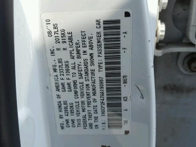 1HGCP2F47AA190987 - 2010 HONDA ACCORD LXP WHITE photo 10