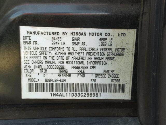 1N4AL11D33C266981 - 2003 NISSAN ALTIMA BAS BLACK photo 10