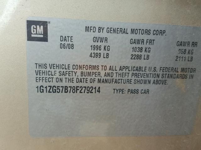 1G1ZG57B78F279214 - 2008 CHEVROLET MALIBU LS 棕色 照片 10