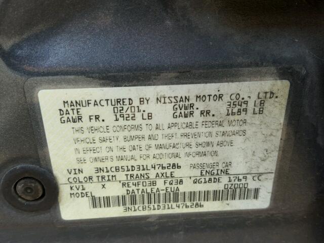 3N1CB51D31L476286 - 2001 NISSAN SENTRA CHARCOAL photo 10