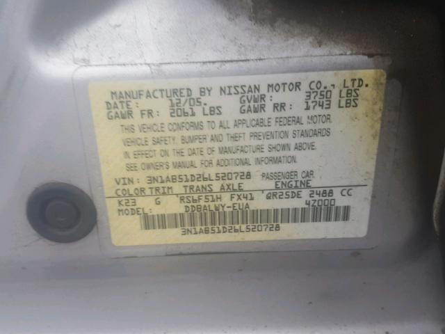 3N1AB51D26L520728 - 2006 NISSAN SENTRA SE- SILVER photo 10