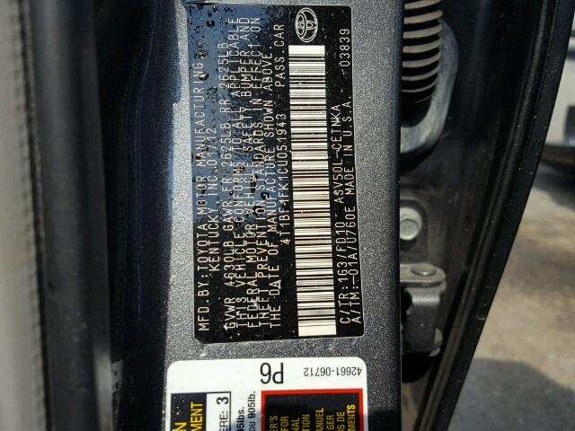 4T1BF1FK1CU051943 - 2012 TOYOTA CAMRY BASE CHARCOAL photo 10
