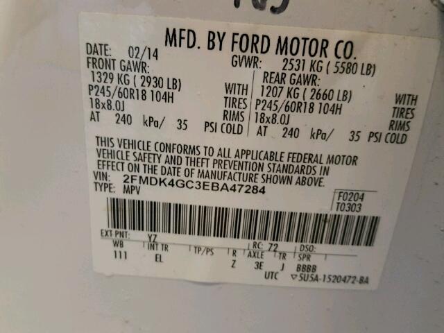 2FMDK4GC3EBA47284 - 2014 FORD EDGE WHITE photo 10