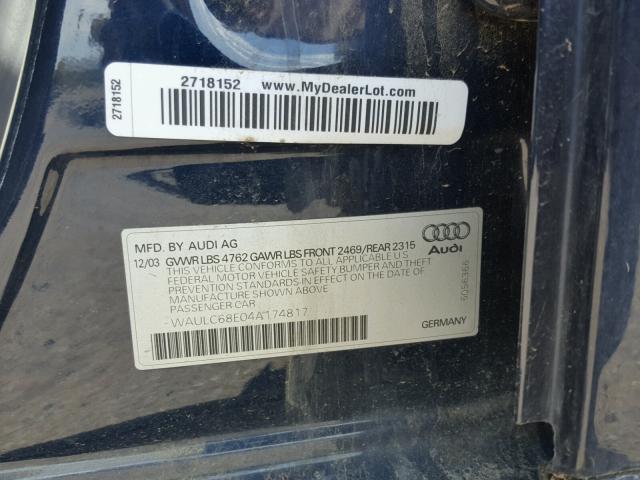 WAULC68E04A174817 - 2004 AUDI A4 BLUE photo 10