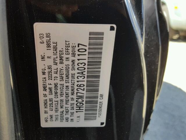 1HGCM72613A031107 - 2003 HONDA ACCORD EX BLACK photo 10