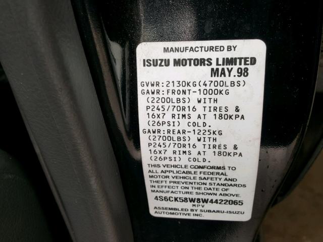 4S6CK58W8W4422065 - 1998 HONDA PASSPORT E 黑色 照片 10