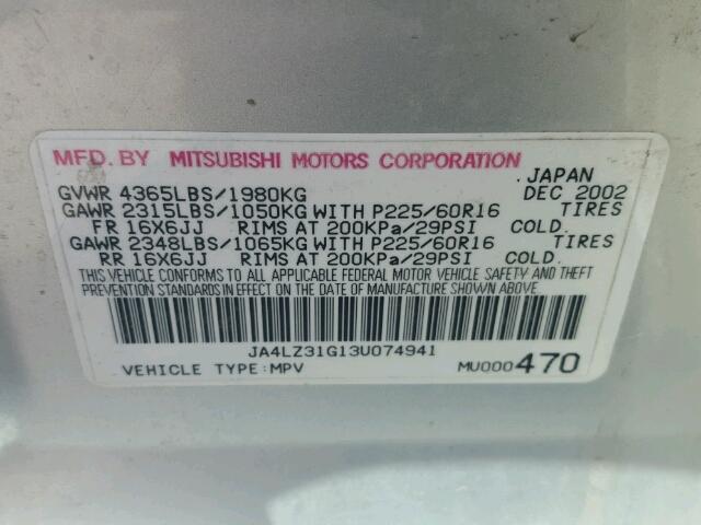 JA4LZ31G13U074941 - 2003 MITSUBISHI OUTLANDER SILVER photo 10