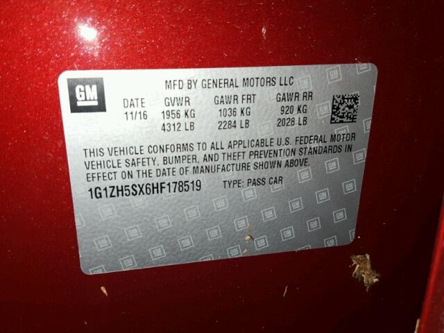 1G1ZH5SX6HF178519 - 2017 CHEVROLET MALIBU წითელი ფოტო 10