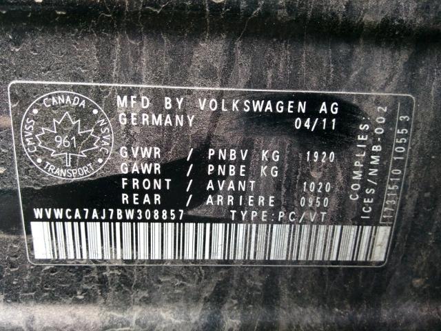 WVWCA7AJ7BW308857 - 2011 VOLKSWAGEN GOLF BLACK photo 9